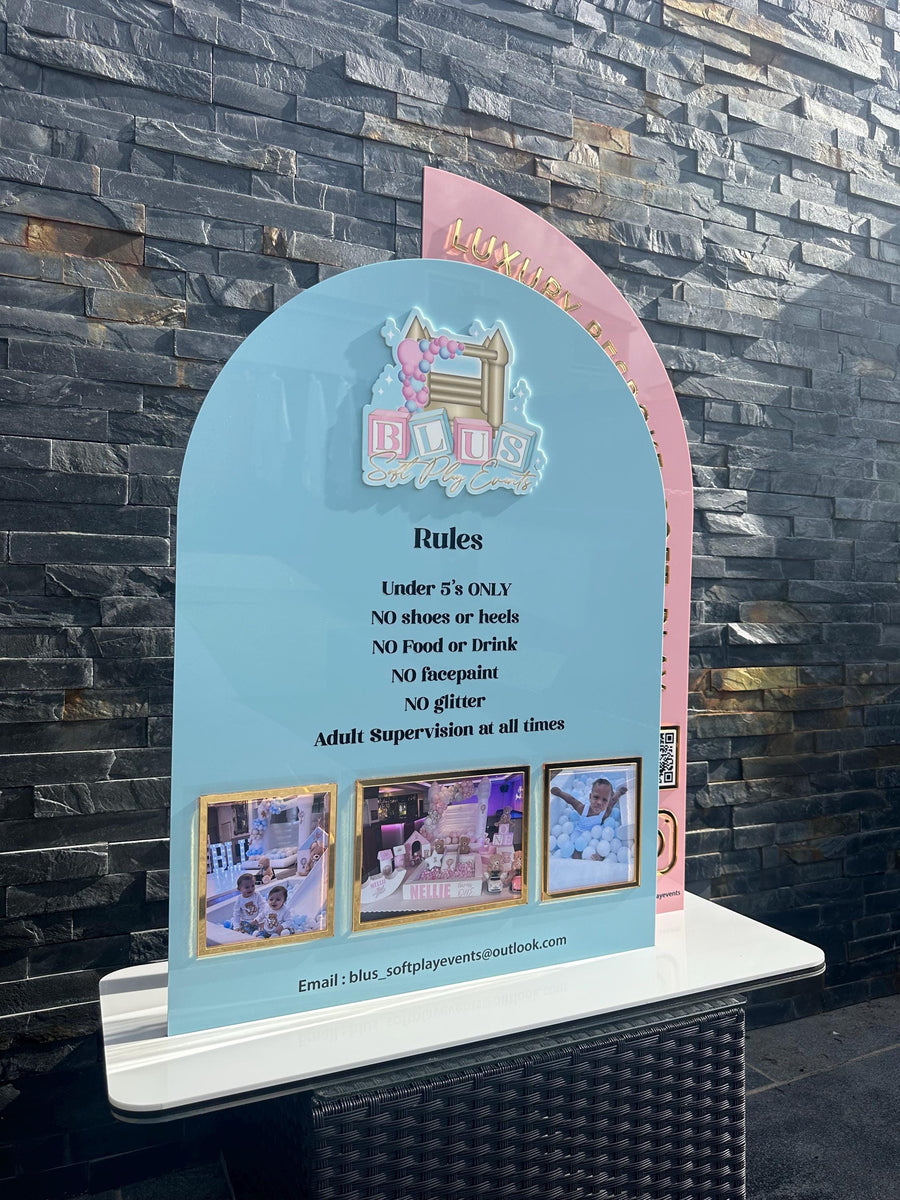 Acrylic Play Rules Sign, Soft Play Rules, Bouncy Castle Safety Board, Double Arch Acrylic Business Sign with Photos, Kids Party Rentals