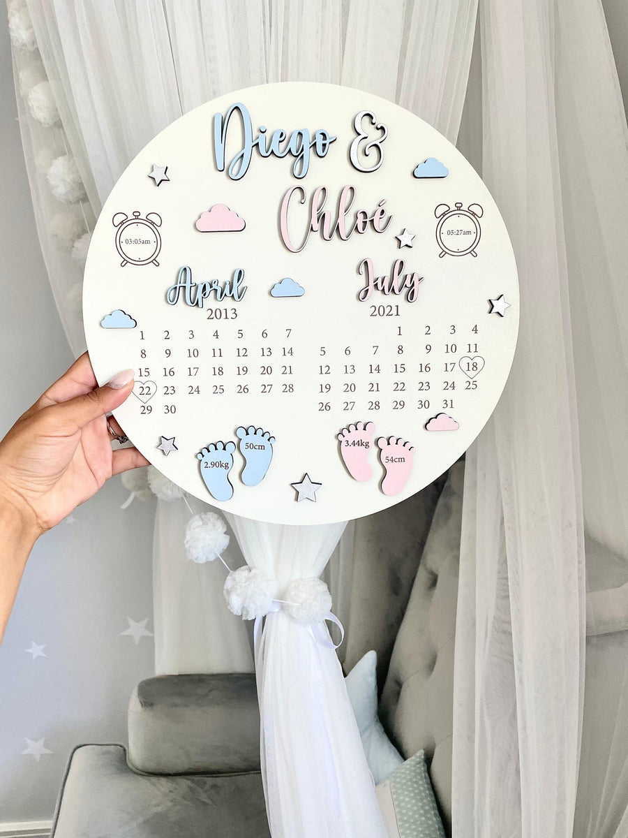 Personalized baby birth plaque for twins, wooden with pink and blue design