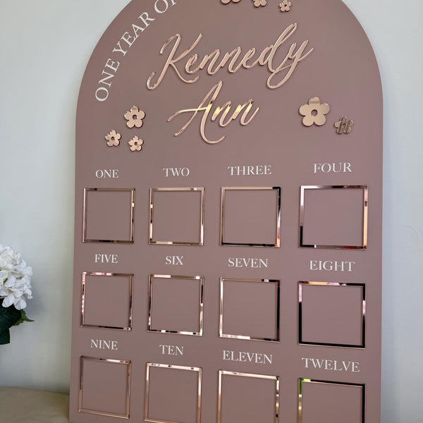 Custom first birthday photo board with flower theme and personalized details