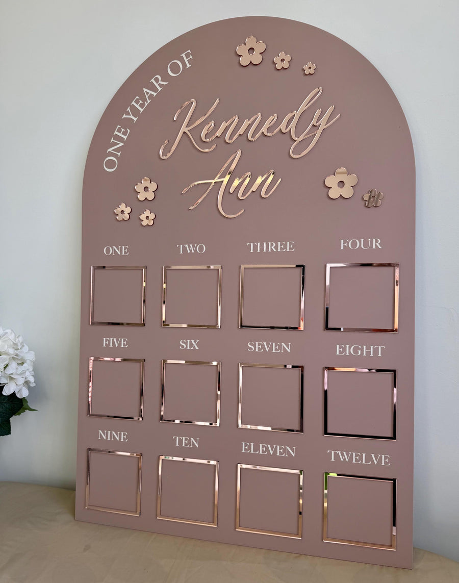 Custom first birthday photo board with flower theme and personalized details