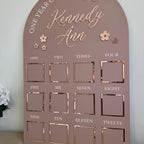 Custom first birthday photo board with floral theme and one year of photos