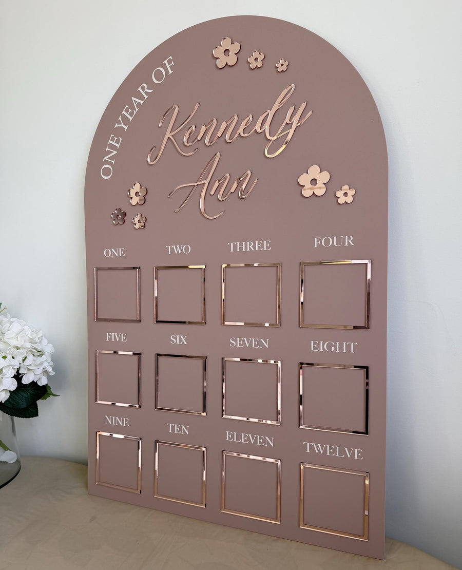 Custom First Birthday Photo Board with flower theme and milestone photos