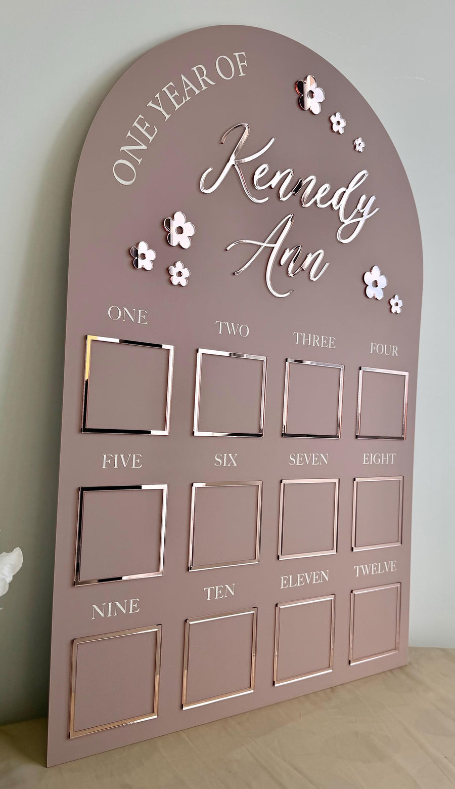 Custom first birthday photo board with flower theme and milestone photos