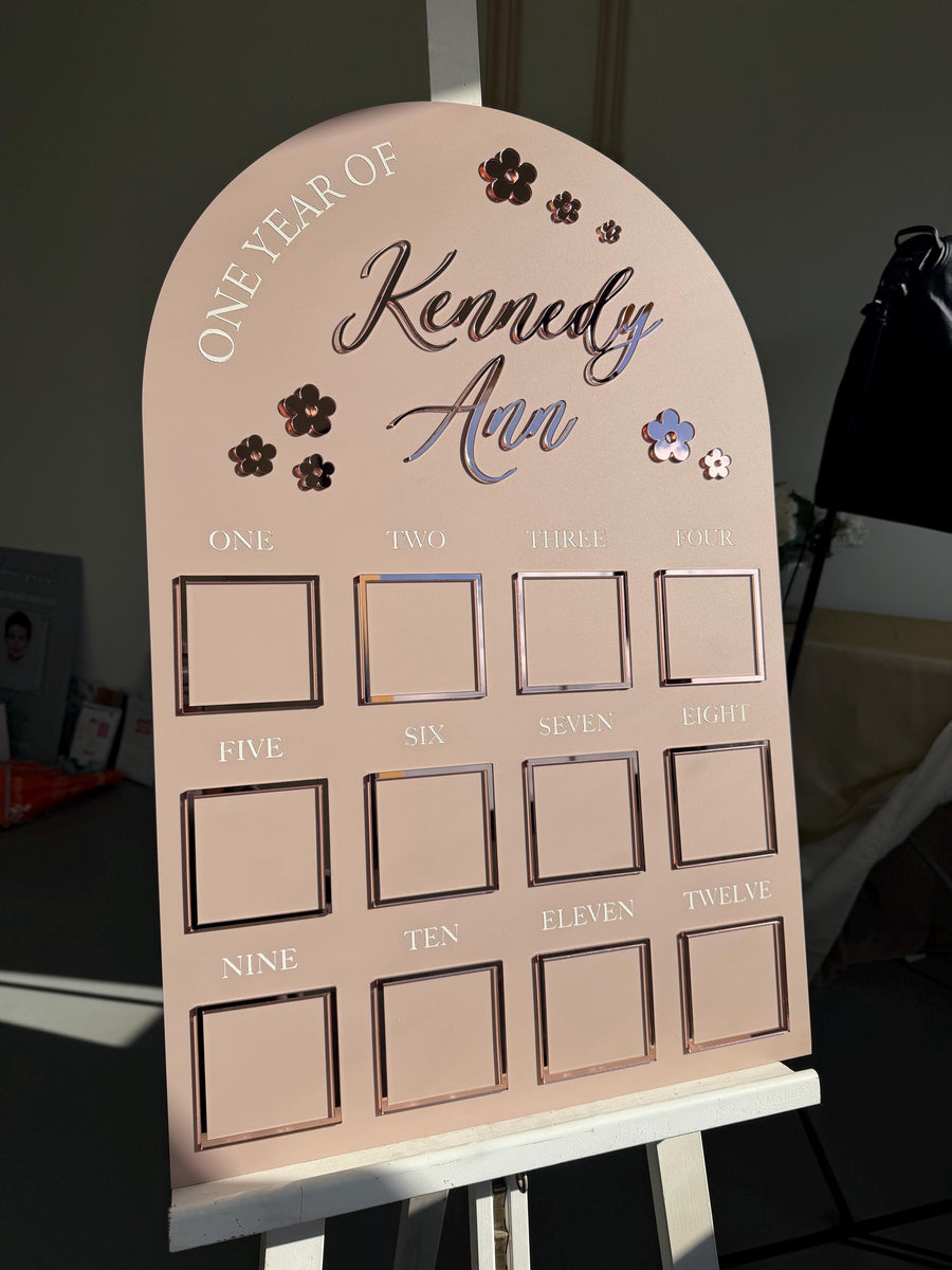 Custom First Birthday Photo Board with floral theme for milestone photos
