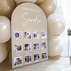 1st Birthday Photo Board in wood with monthly milestone markers