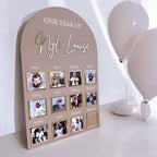 1st Birthday Photo Board in white wood with colorful milestone details