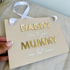 A5 acrylic wedding sign, white text on clear background, custom ring bearer plaque