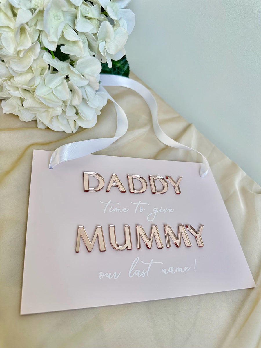 A5 acrylic wedding sign with custom text and floral design