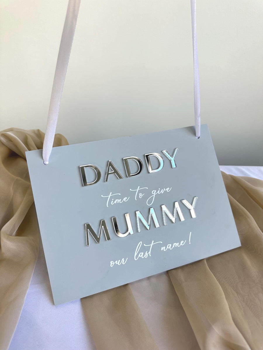 A5 acrylic wedding sign in white with custom name design