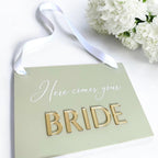 Acrylic Here Comes Your Bride plaque, wedding sign for page boy, white design