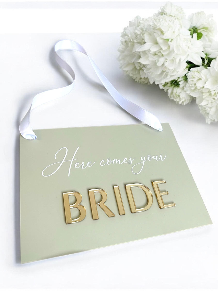 Acrylic Here Comes Your Bride plaque, wedding sign for page boy, white design