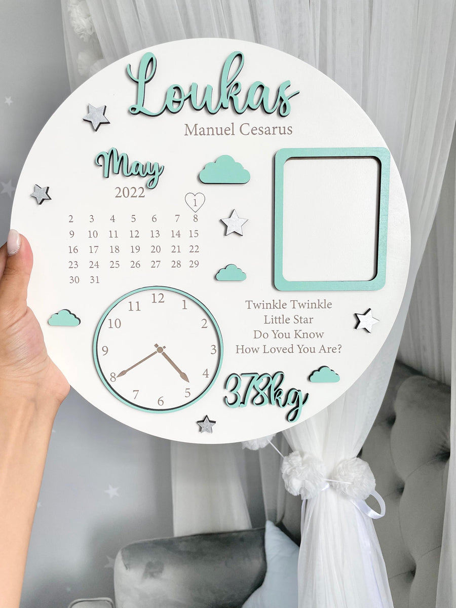Personalised birth details plaque in wood with photo frame