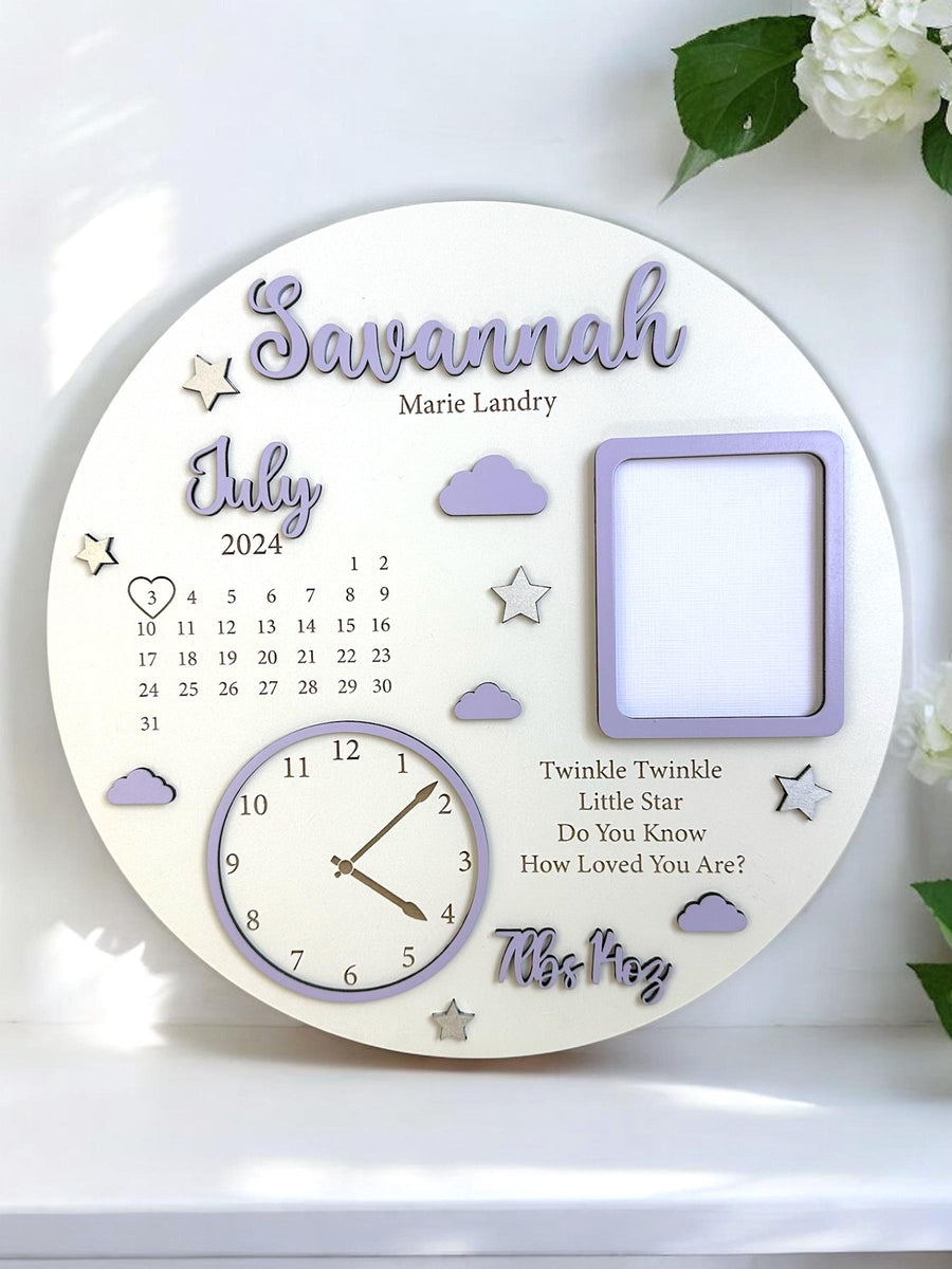 Personalised birth details plaque in wood with photo frame for newborns