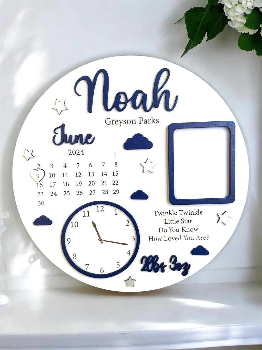 Personalised wooden birth details plaque with photo frame for new baby keepsake