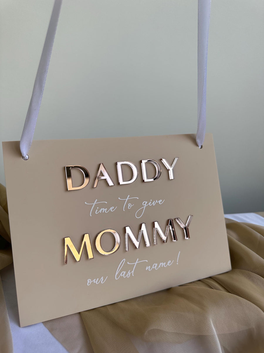 Acrylic page boy sign with white text, custom wedding ceremony plaque