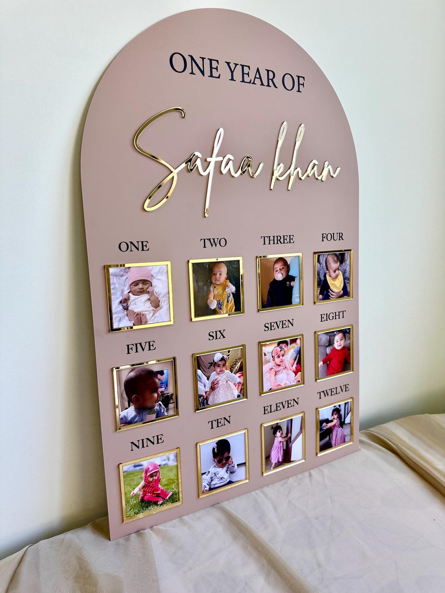 Personalised acrylic baby milestone board with colorful design for first birthday