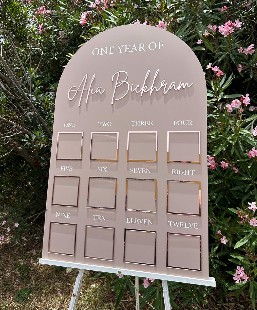 Personalised acrylic baby milestone board with custom design, ideal for first birthday decor.