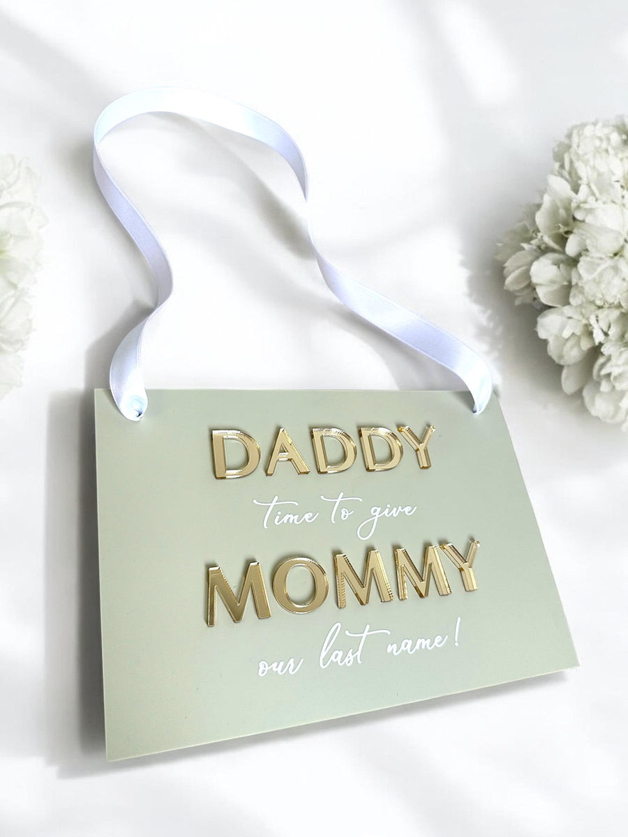 Acrylic page boy sign in clear with white text for wedding ceremony