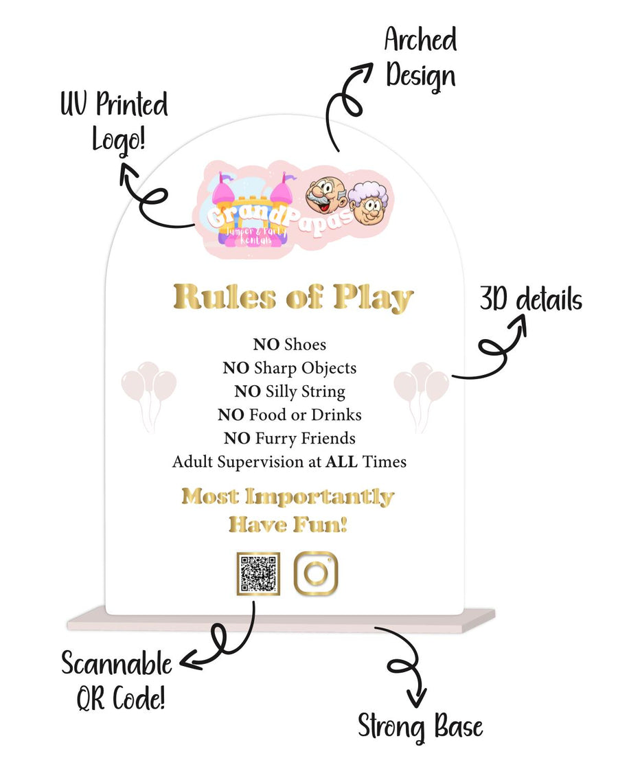 Custom Perspex soft play rules sign with bright colors and clear text