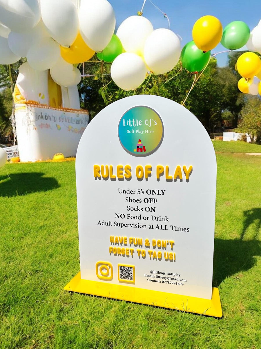 Custom Perspex soft play rules sign with colorful graphics, suitable for bounce house