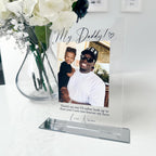 Personalised acrylic photo frame with custom design, clear and sleek