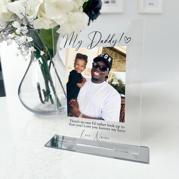 Personalised acrylic photo frame with custom design, clear and sleek