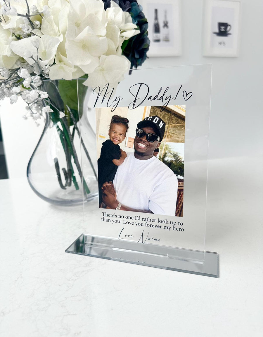 Personalised acrylic photo frame with custom design, clear and sleek