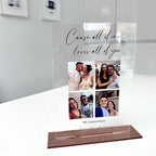 Personalised acrylic photo frame with custom engraving and clear finish