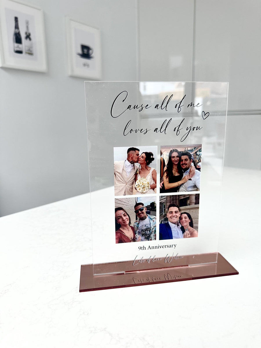 Personalised acrylic photo frame with custom engraving and clear finish
