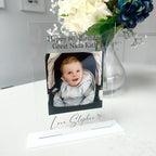 Personalised acrylic photo frame with custom engraving, clear and rectangular shape