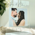 Personalised acrylic photo frame with custom engraving and clear design