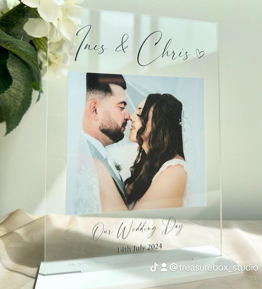 Personalised acrylic photo frame with custom engraving and clear design