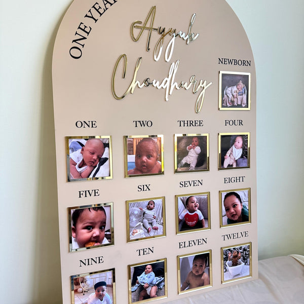 Acrylic milestone 1st birthday photo board in clear design, personalized memory sign