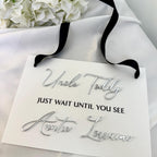 Custom acrylic page boy sign in clear, personalized for weddings