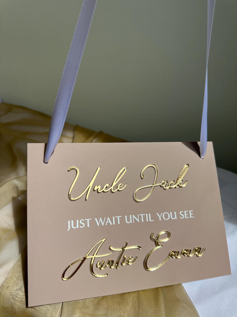 Custom acrylic page boy sign in clear with personalized text for wedding
