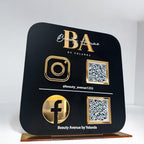 Multi QR Code table top sign for social media marketing, sleek black design