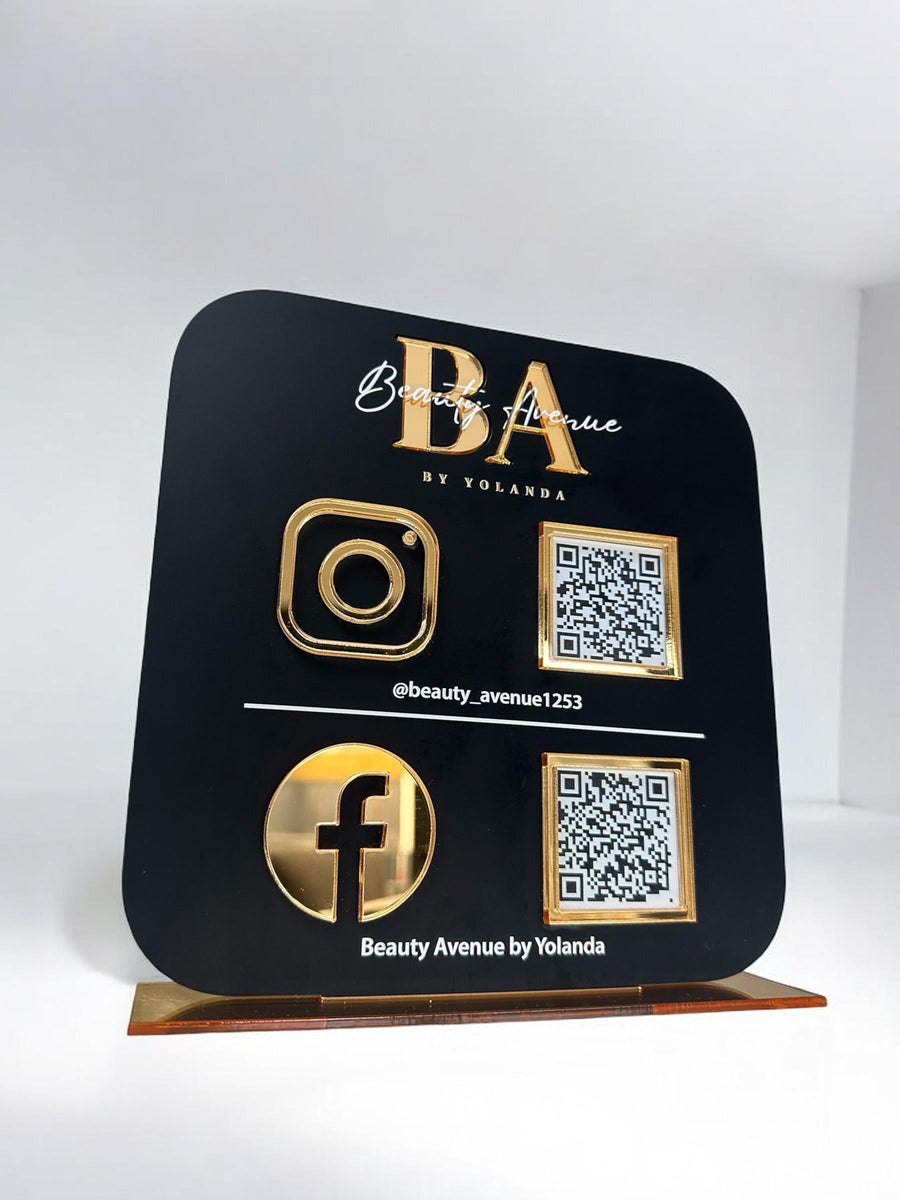 Multi QR Code table top sign for social media marketing, sleek black design