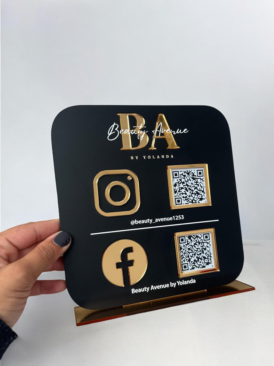 Multi QR Code business sign for salon, featuring vibrant colors and tabletop design.