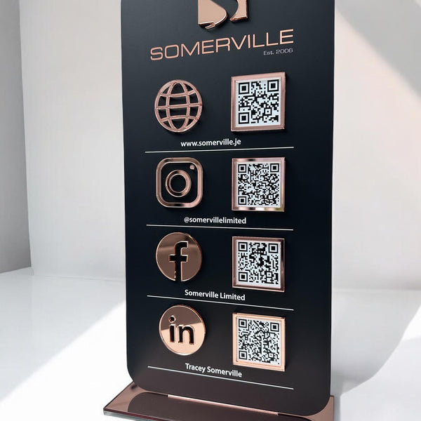 Personalised acrylic QR code display for small business, clear and sleek design
