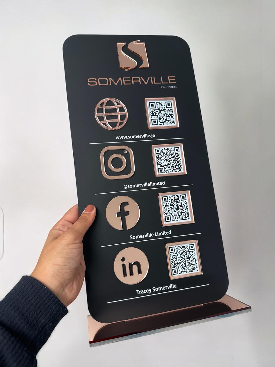 Personalised acrylic QR code display for small business, clear design