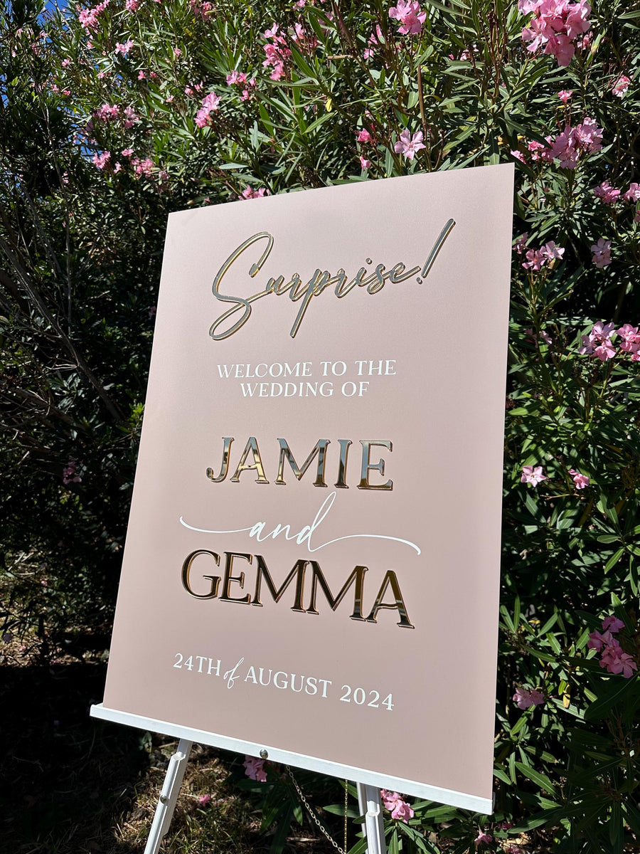 Acrylic wedding welcome sign in clear with 3D lettering for events
