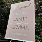 Surprise Wedding Welcome Sign in clear acrylic with elegant 3D lettering