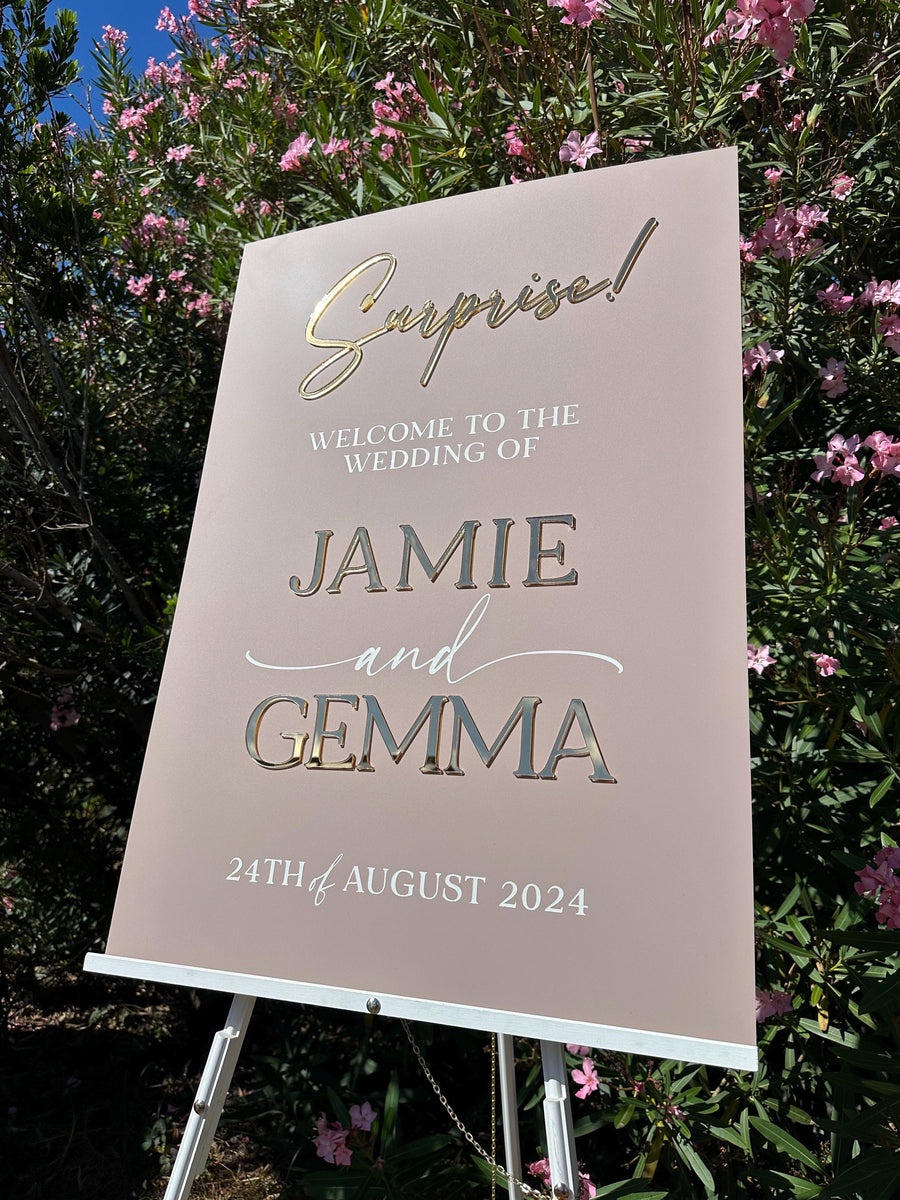 Surprise Wedding Welcome Sign in clear acrylic with elegant 3D lettering