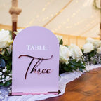 3D acrylic arched table numbers in clear, elegant design for weddings