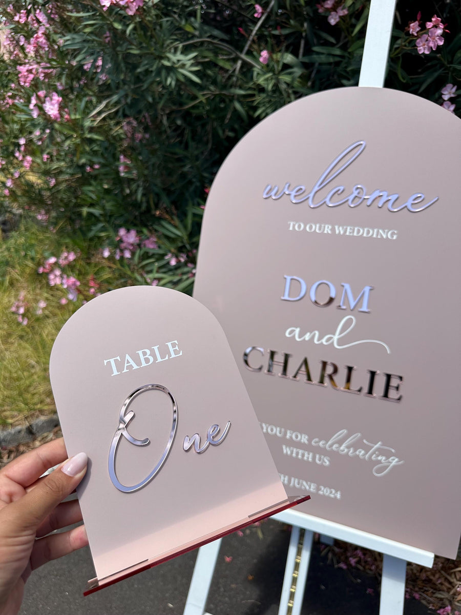 3D acrylic arched table number, clear perspex design for wedding signage