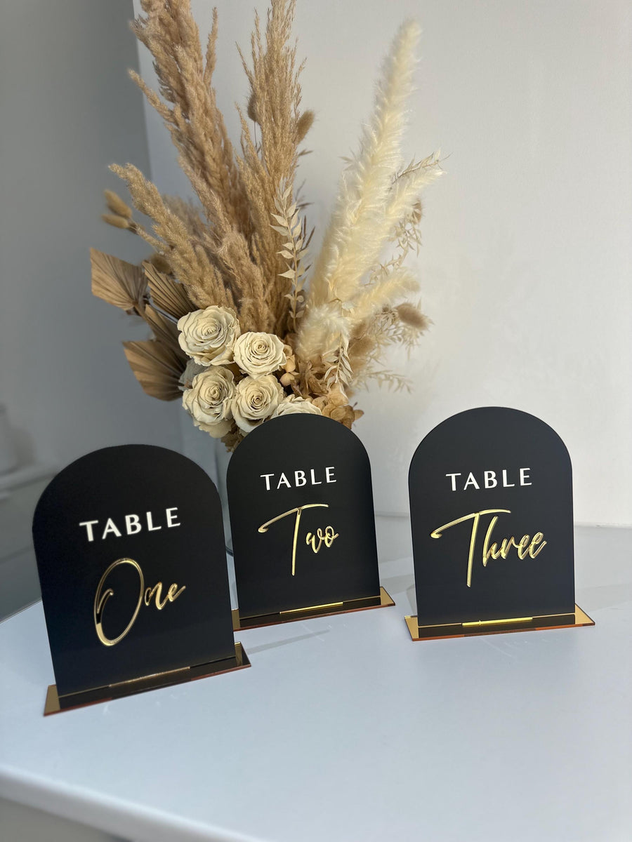 3D acrylic arched wedding table numbers in clear perspex material