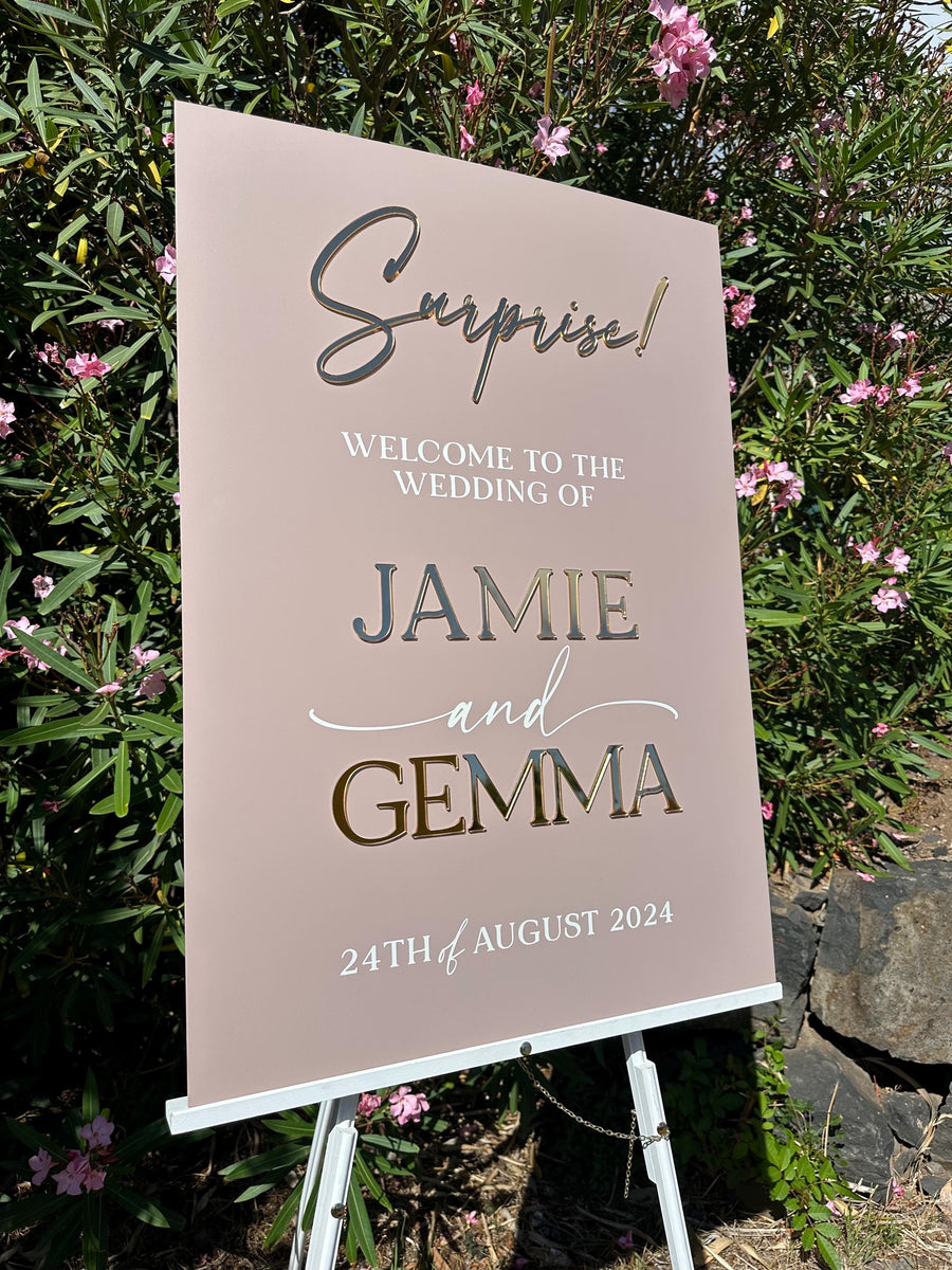 Acrylic wedding welcome sign in clear with 3D lettering for events