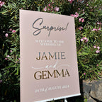 Surprise wedding welcome sign in clear acrylic with 3D lettering