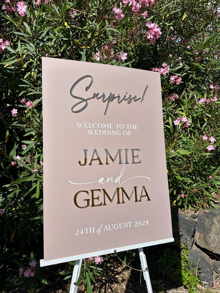 Surprise wedding welcome sign in clear acrylic with 3D lettering