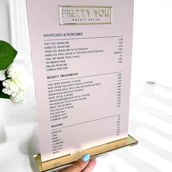 Custom acrylic price list sign for modern salon display, clear design